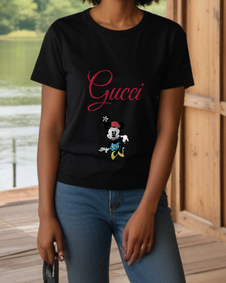 Black Flower Hat Blue Shorts Mouse Graphic T-Shirt - styled view 3