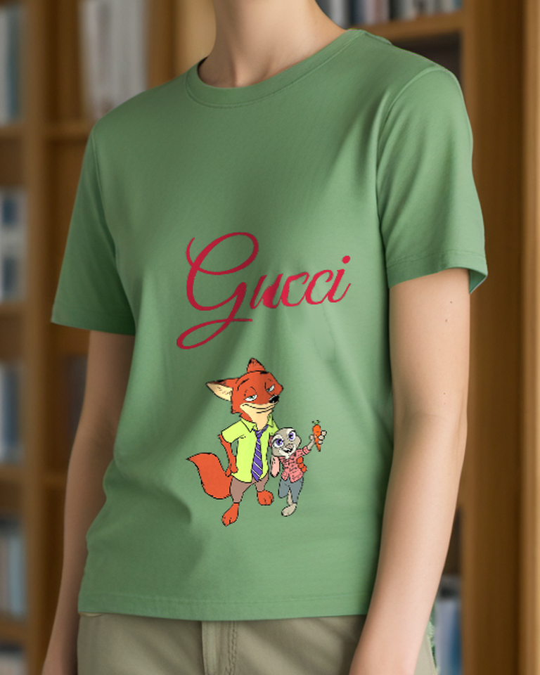 Sage Green Fox And Rabbit Duo Graphic T-Shirt - styled view 1