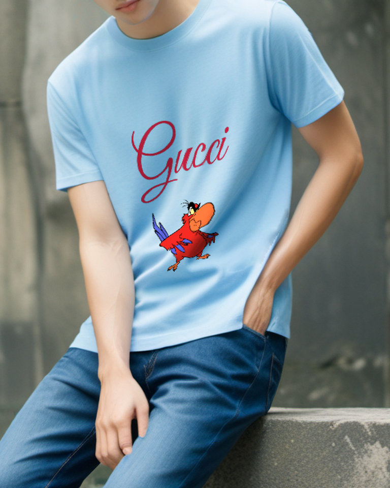 Sky Blue Standing Red Parrot Graphic T-Shirt - styled view 1