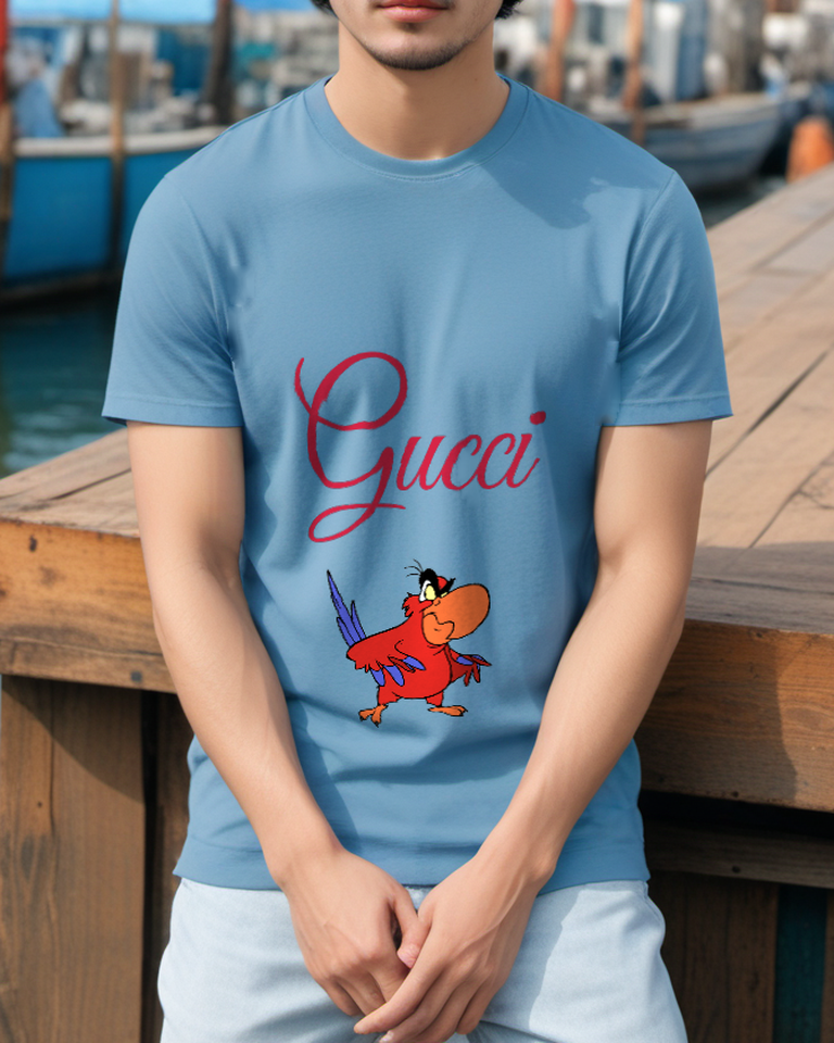 Sky Blue Standing Red Parrot Graphic T-Shirt - styled view 3