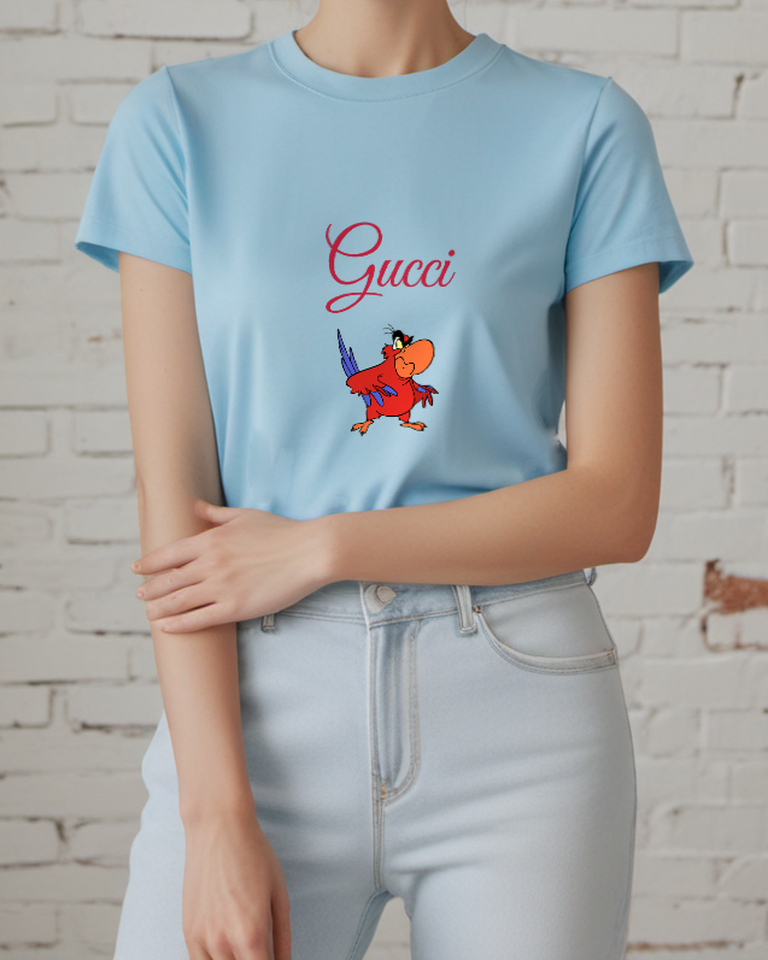 Sky Blue Standing Red Parrot Graphic T-Shirt - styled view 2