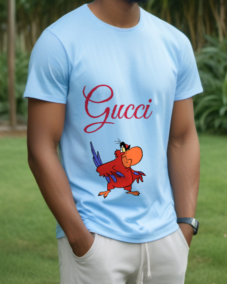 Sky Blue Standing Red Parrot Graphic T-Shirt - styled view 5
